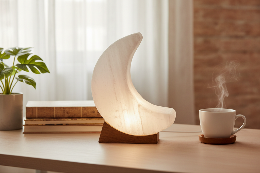 Lampada luna selenite su scrivania accogliente