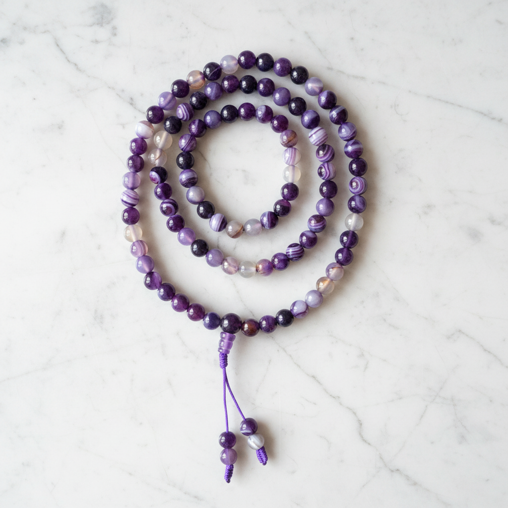 Japamala agata viola - flatlay marmo bianco