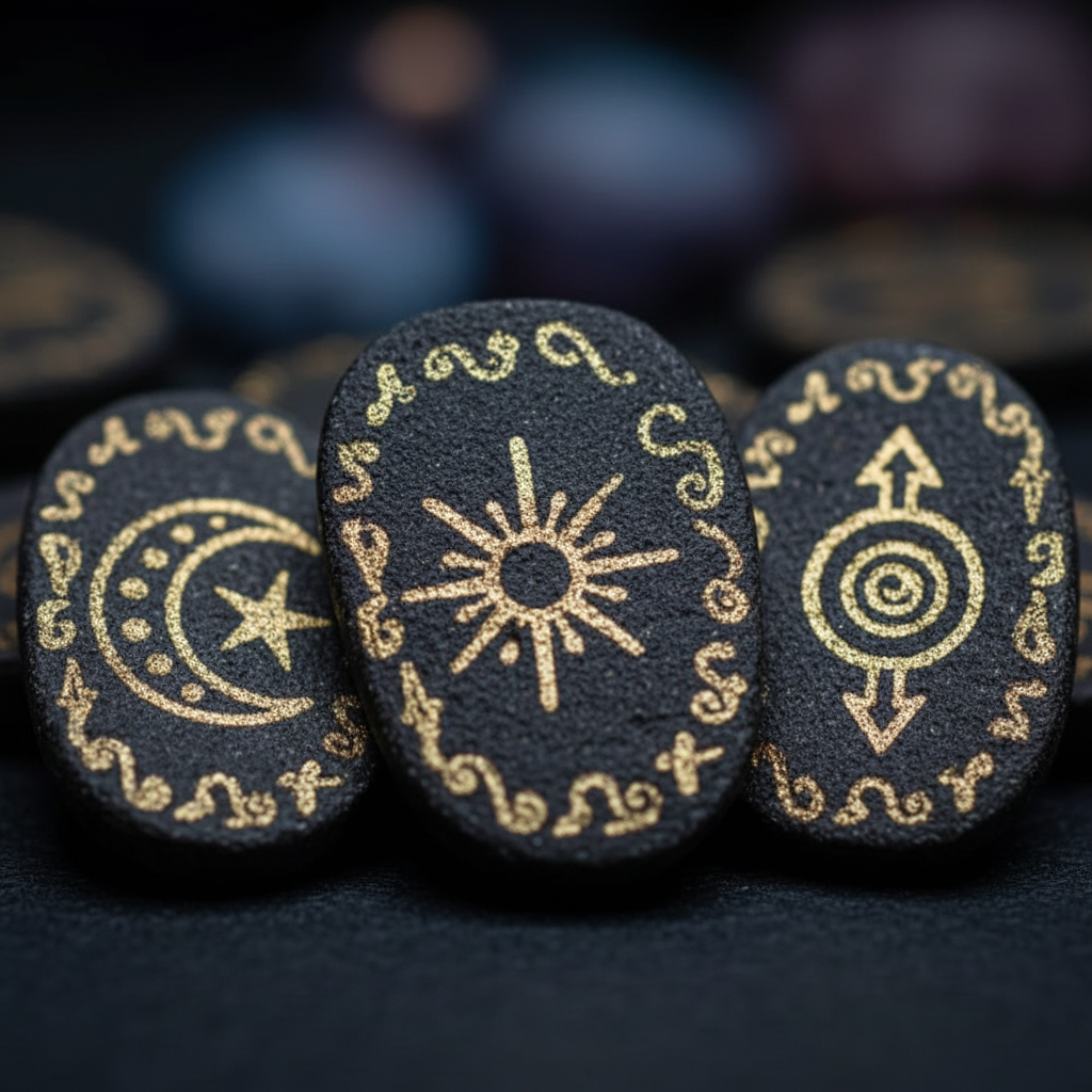 Macro close-up simboli Witch Runes: luna, sole e dea spirale incisi sulla pietra
