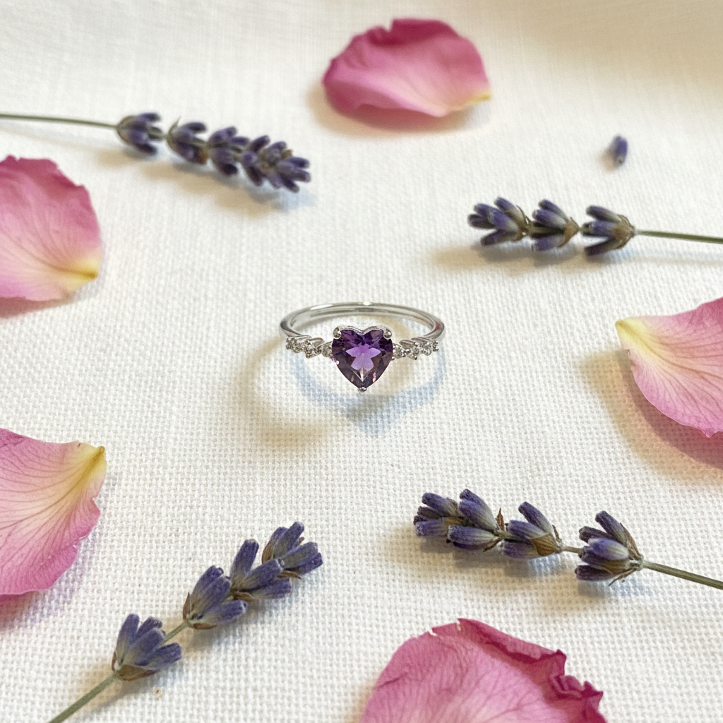 Anello cuoricino ametista flat lay con lavanda e petali