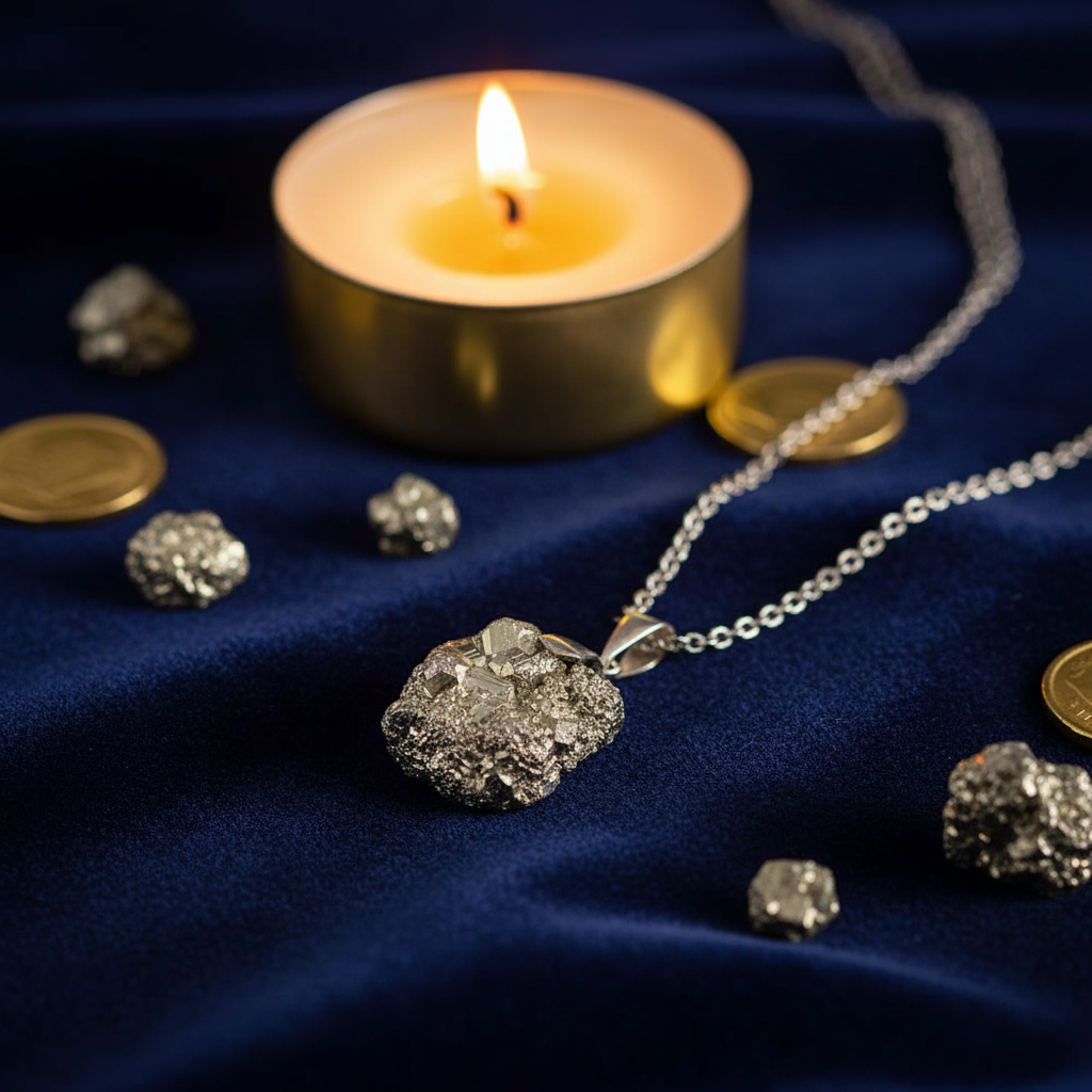 Collana pirite grezza su velluto scuro con candela dorata