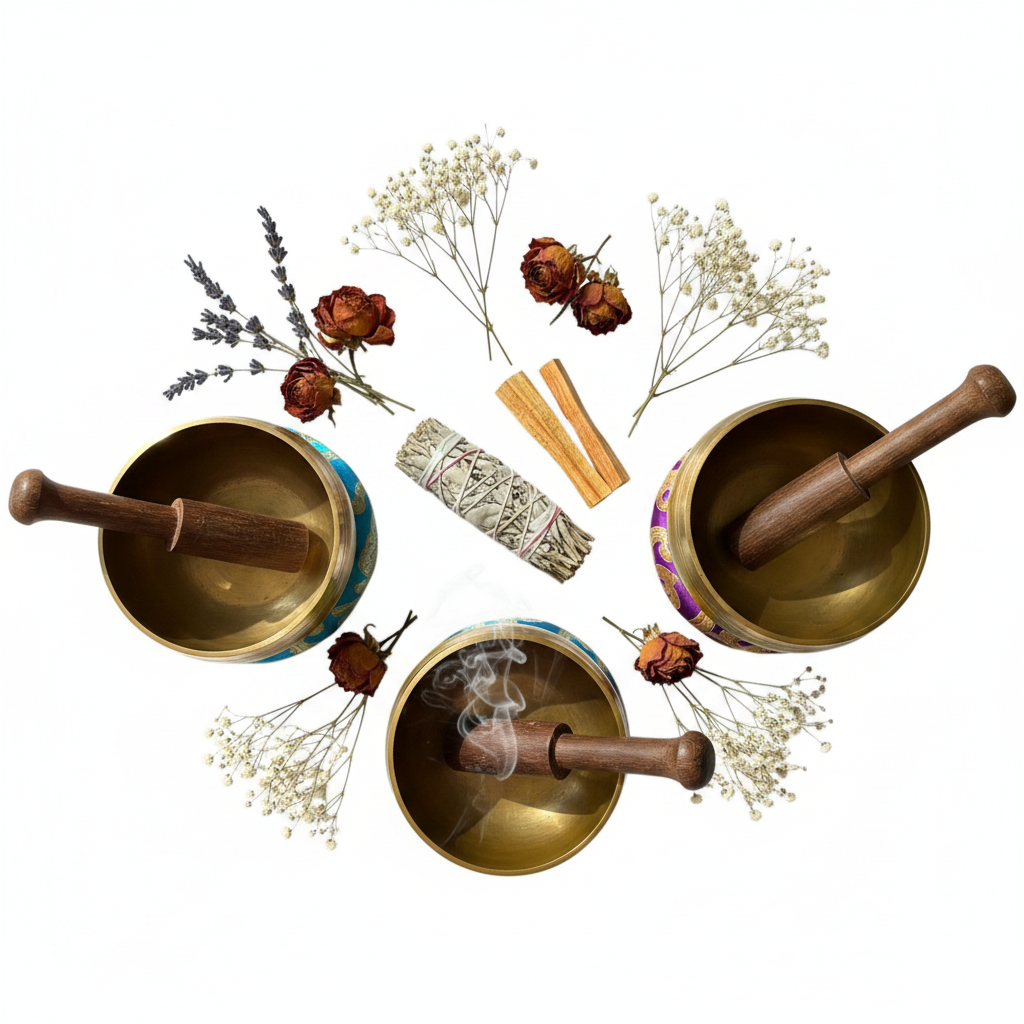 Campane tibetane - composizione con fiori secchi e salvia