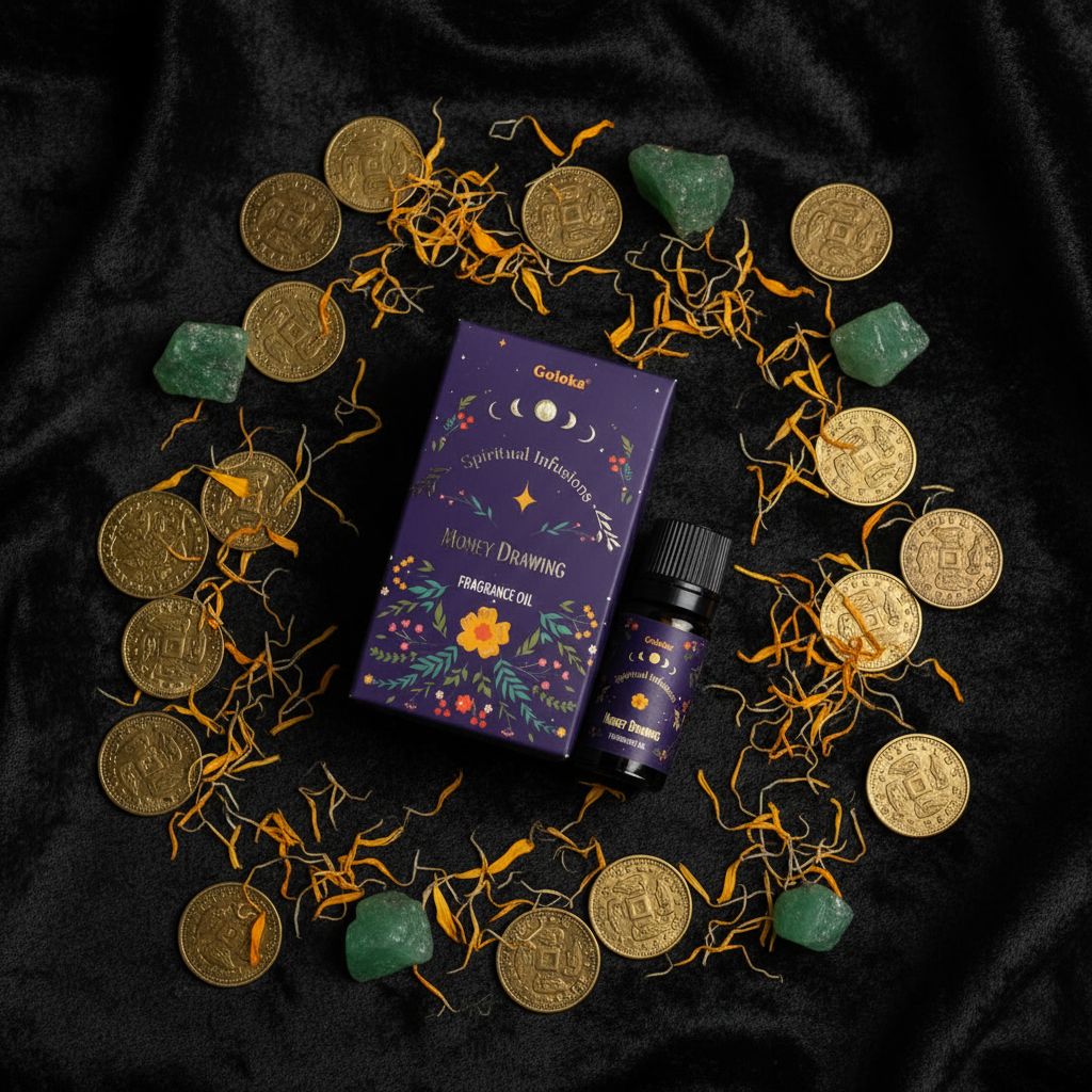 Olio fragranza Goloka Money Drawing - flatlay su velluto scuro con monete e avventurina