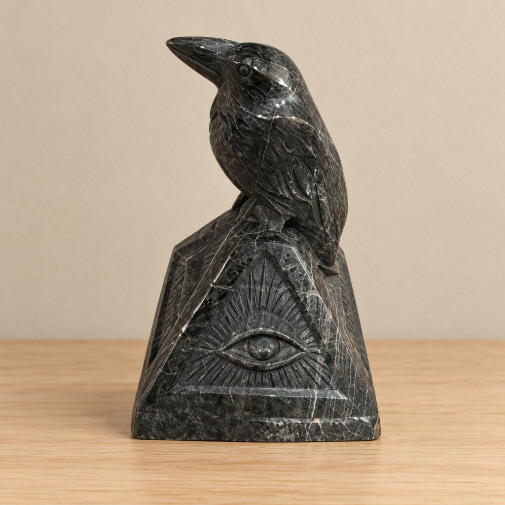 Corvo su piramide in ossidiana silver su legno chiaro