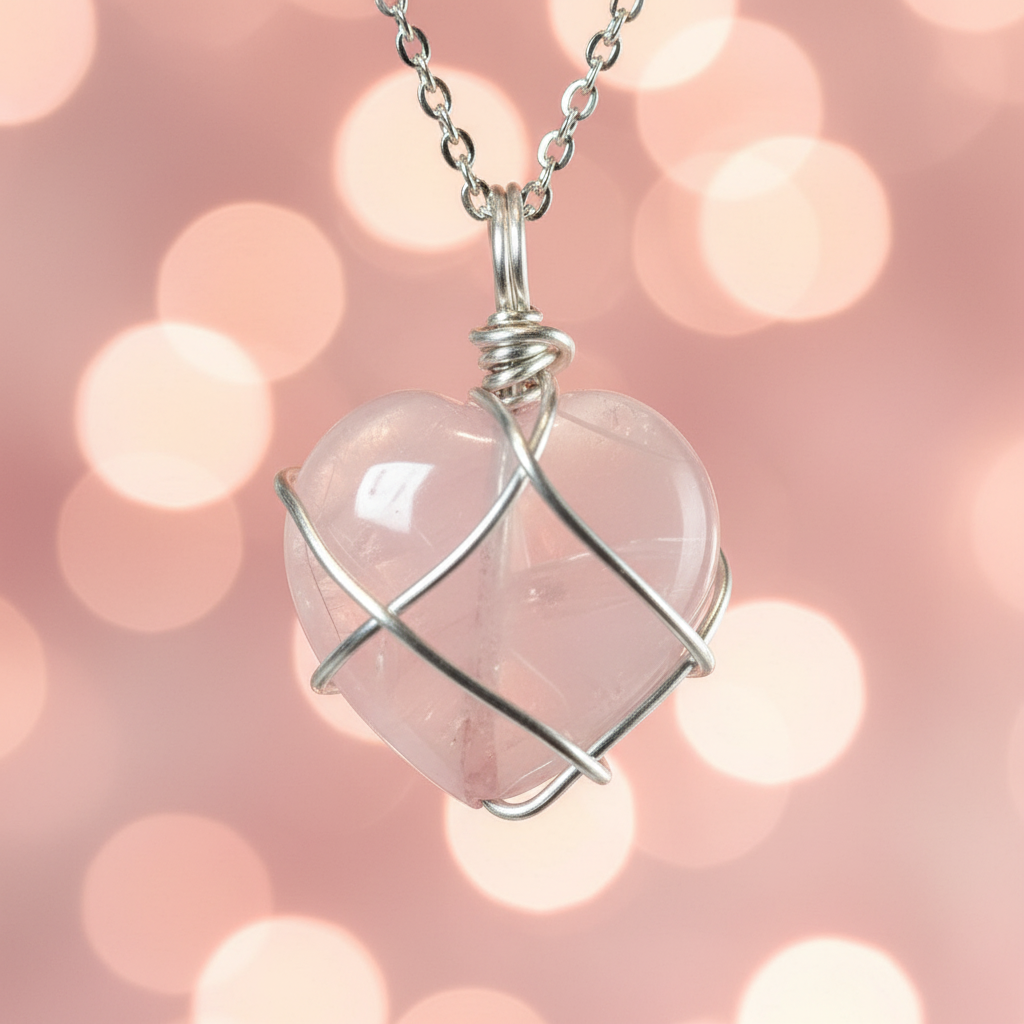 Collana Cuore Quarzo Rosa close-up dettaglio cristallo