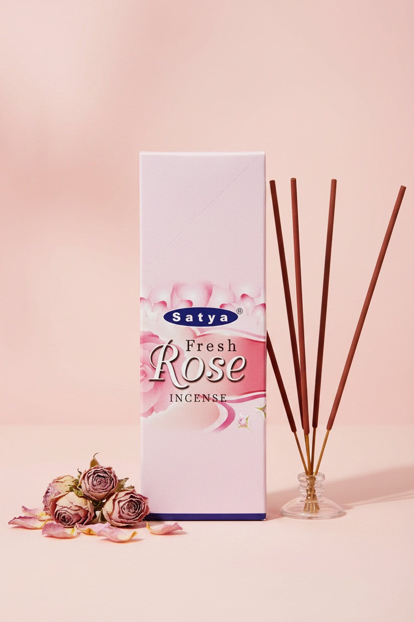 Satya Fresh Rose Incense - sfondo rosa con fiori