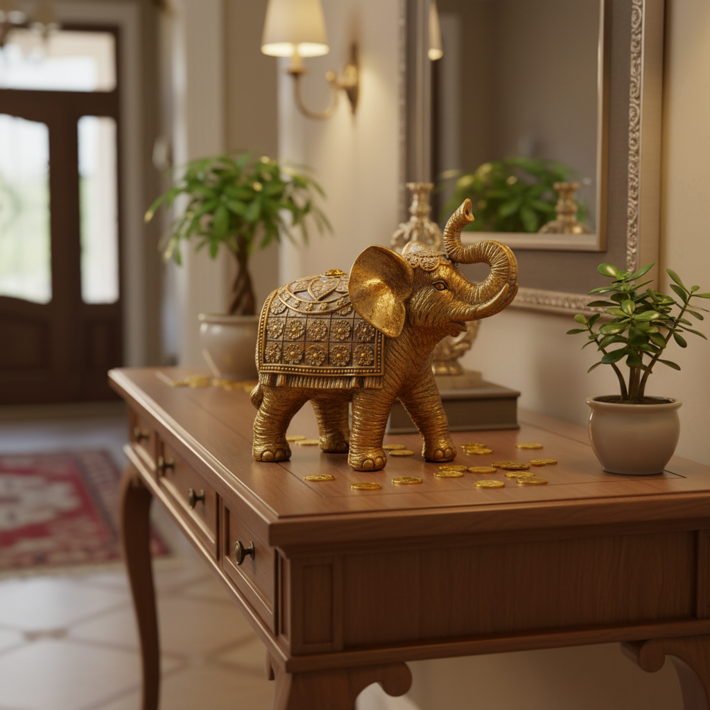 Elefante dorato portafortuna su consolle ingresso feng shui