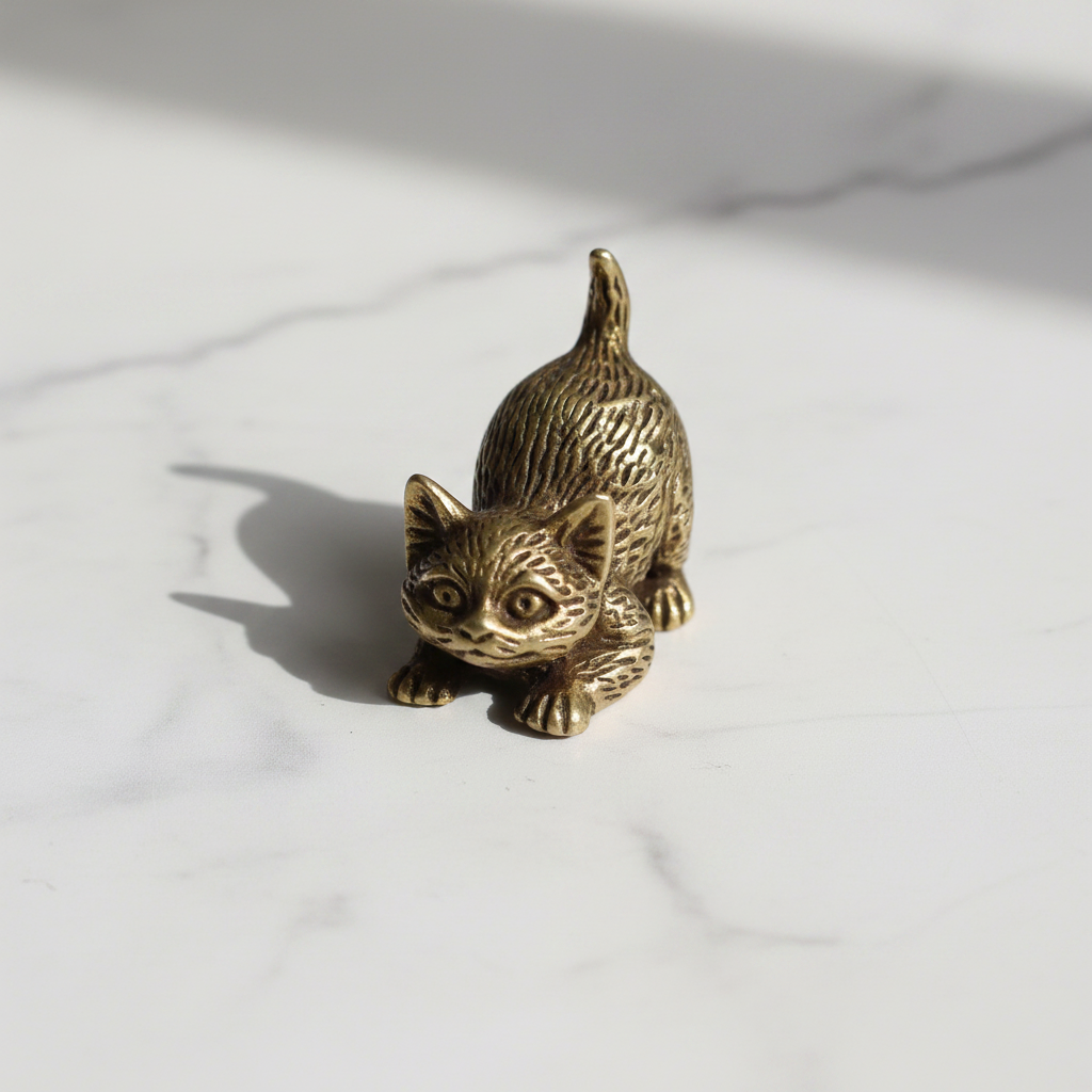 Gatto stiracchiato ottone - flatlay marmo
