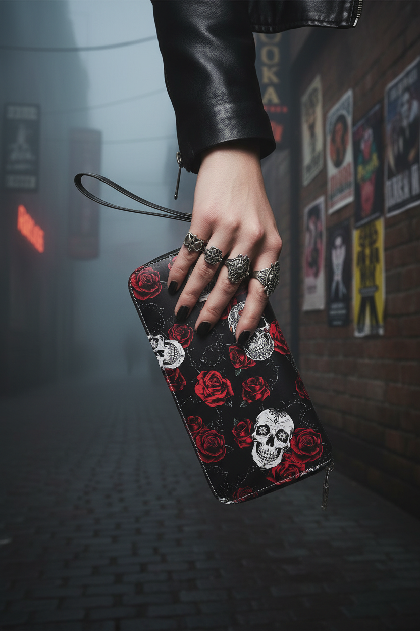 Portafoglio Teschi e Rose - lifestyle in mano gothic rockabilly