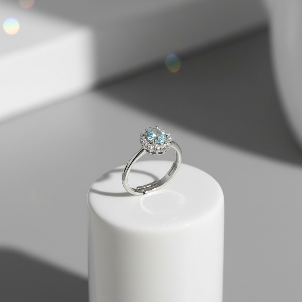 Anello acquamarina e zirconi su porta-anello in ceramica
