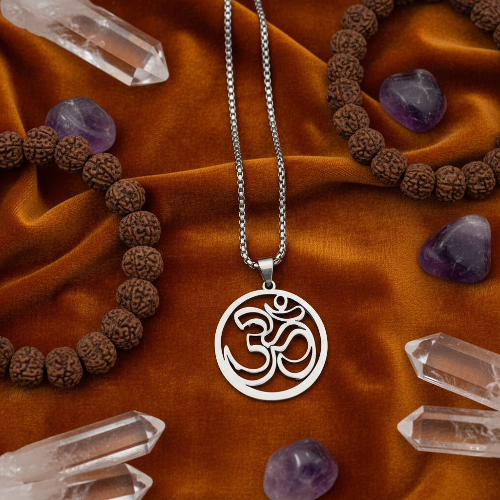 Collana Om Circolare - velluto zafferano con mala e cristalli