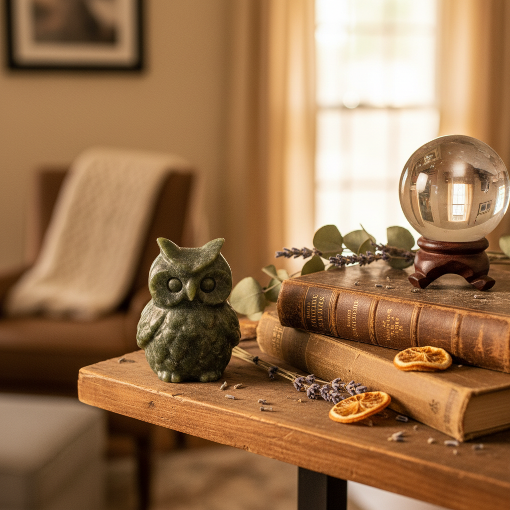 Gufo in Giada Verde - lifestyle mensola con libri