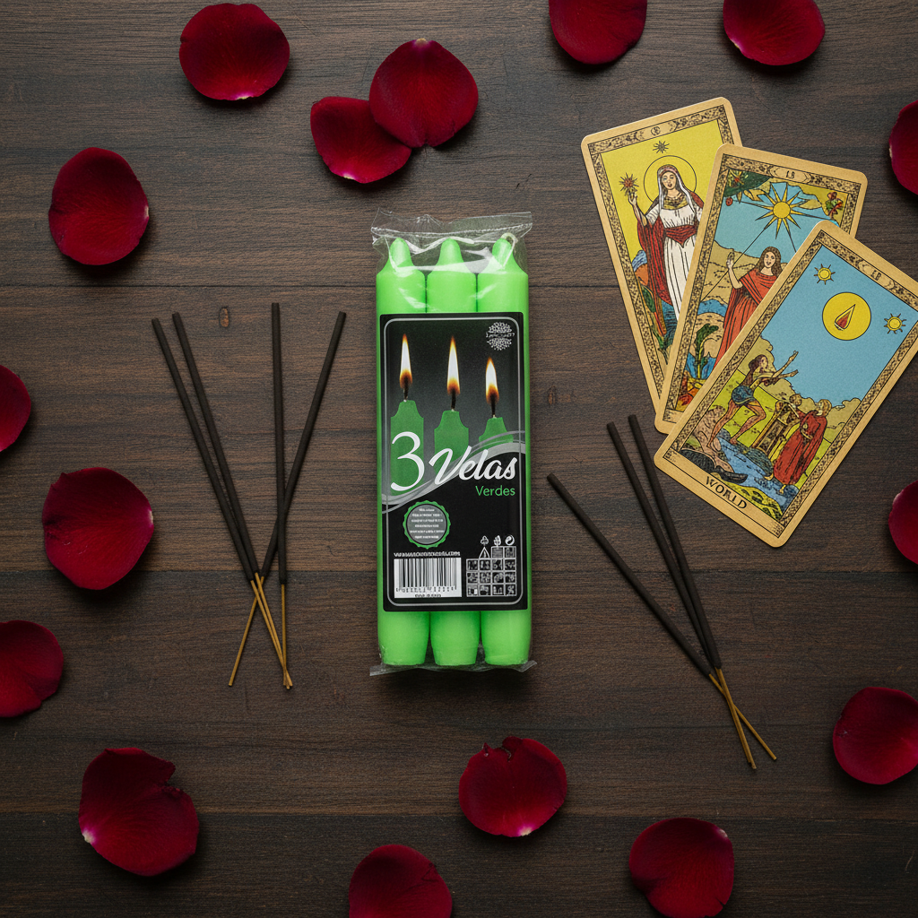 Set da 3 candele verdi flat lay con petali e tarocchi