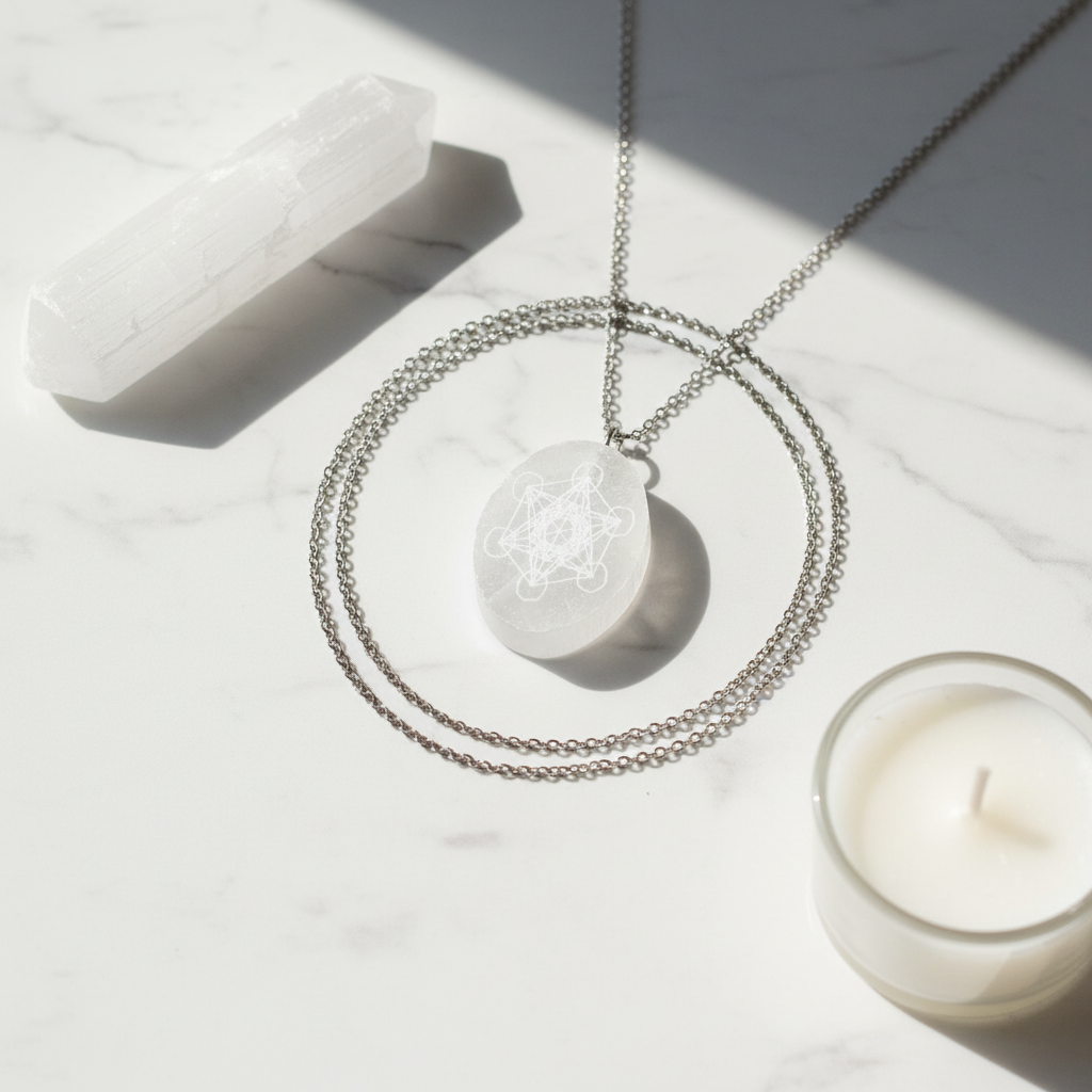 Collana selenite Metatron flat lay con selenite wand e candela