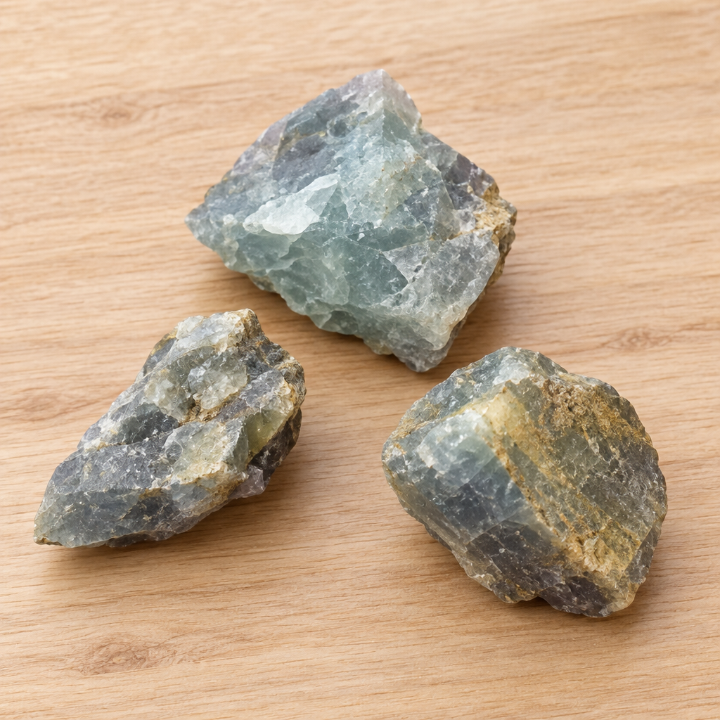 Campioni di fluorite blu su legno