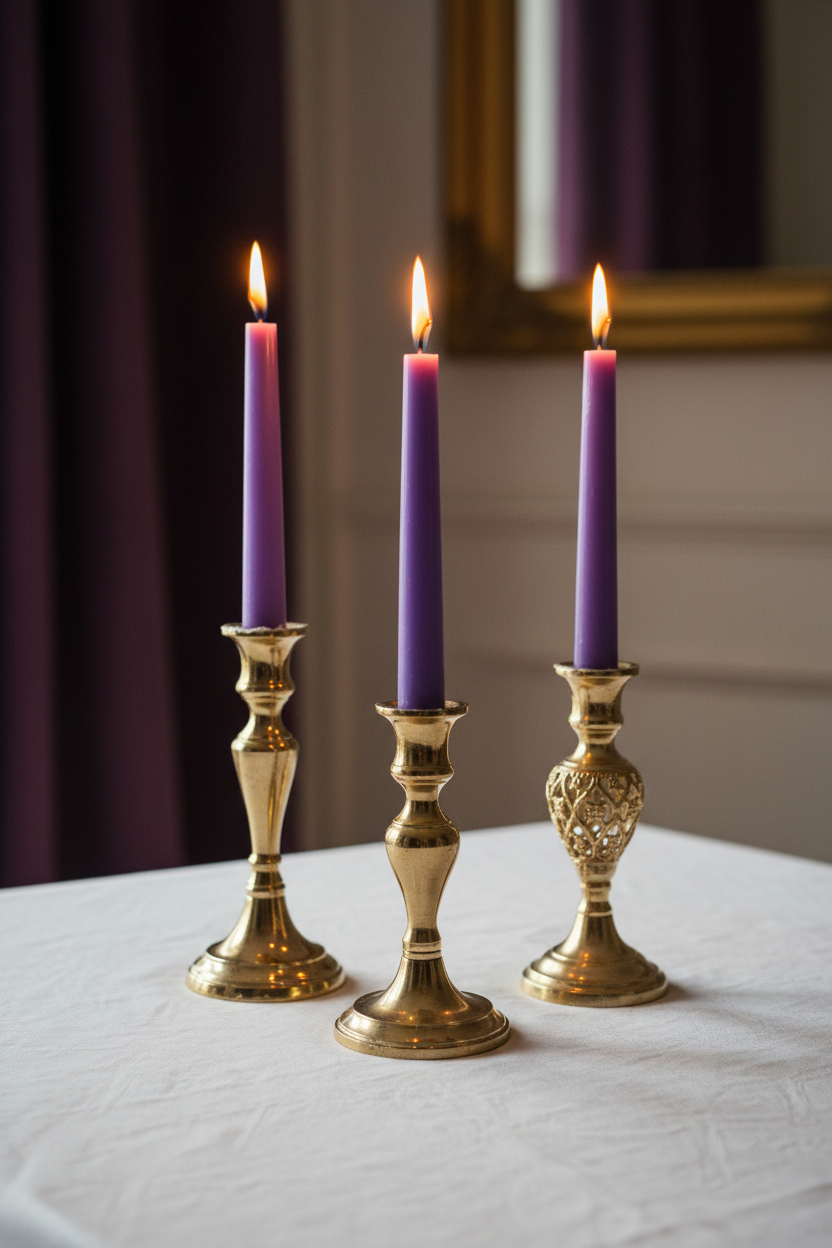 Tre candele viola accese in portacandele dorati