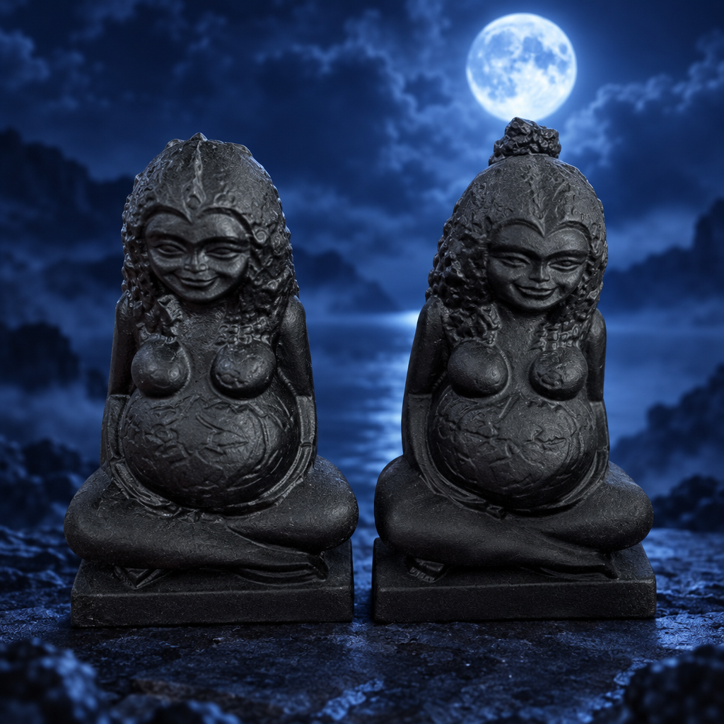 Sculture in ossidiana nera su blu