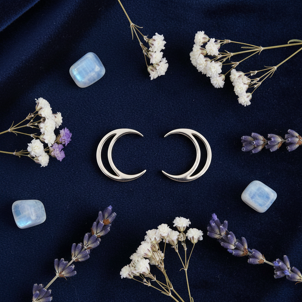 Orecchini Lobo Luna flat lay velluto blu notte