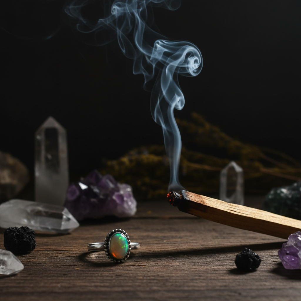 Anello Opale Arlecchino - Palo santo e cristalli