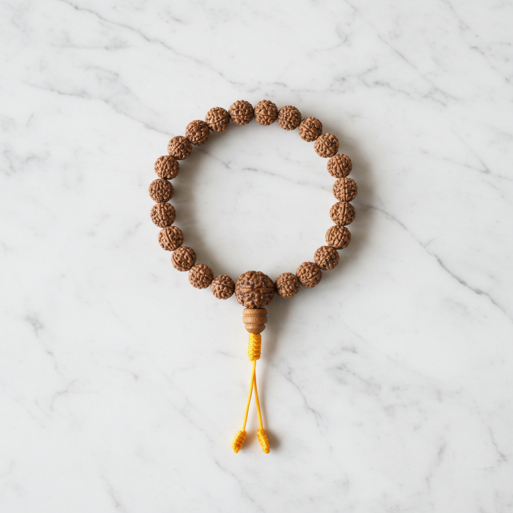 Mala da polso rudraksha - flatlay marmo bianco