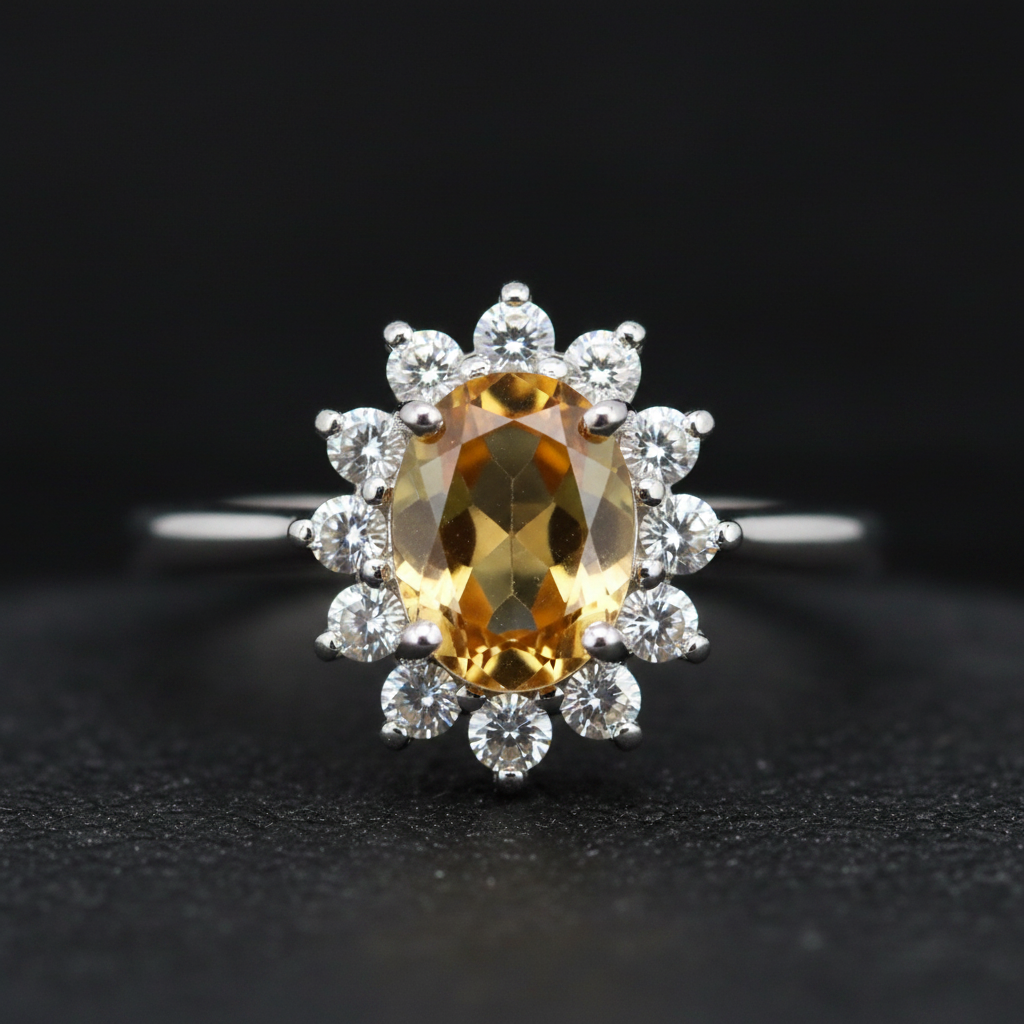 Anello citrino zirconi macro close-up
