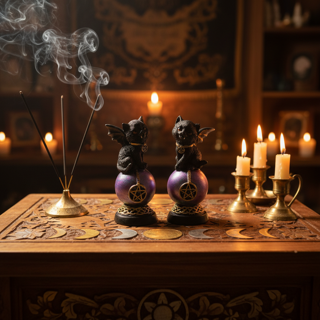 Gatto Wicca sulla sfera con pentacolo su altare con fasi lunari e incenso
