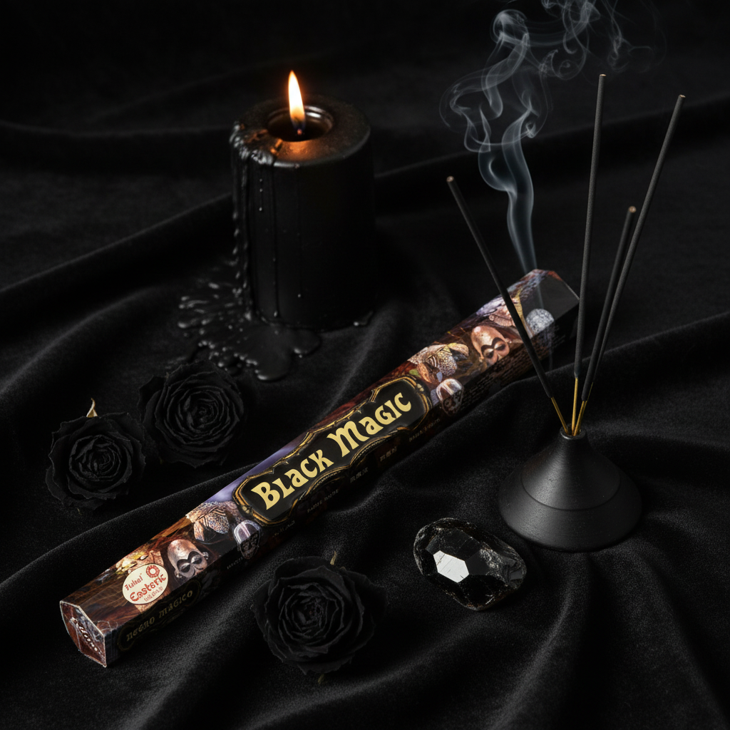 Tulasi Black Magic incensi - lifestyle su velluto scuro con candela nera
