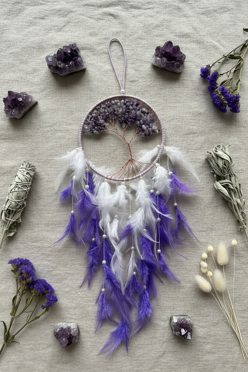 Dreamcatcher albero della vita ametista - composizione con cristalli e fiori