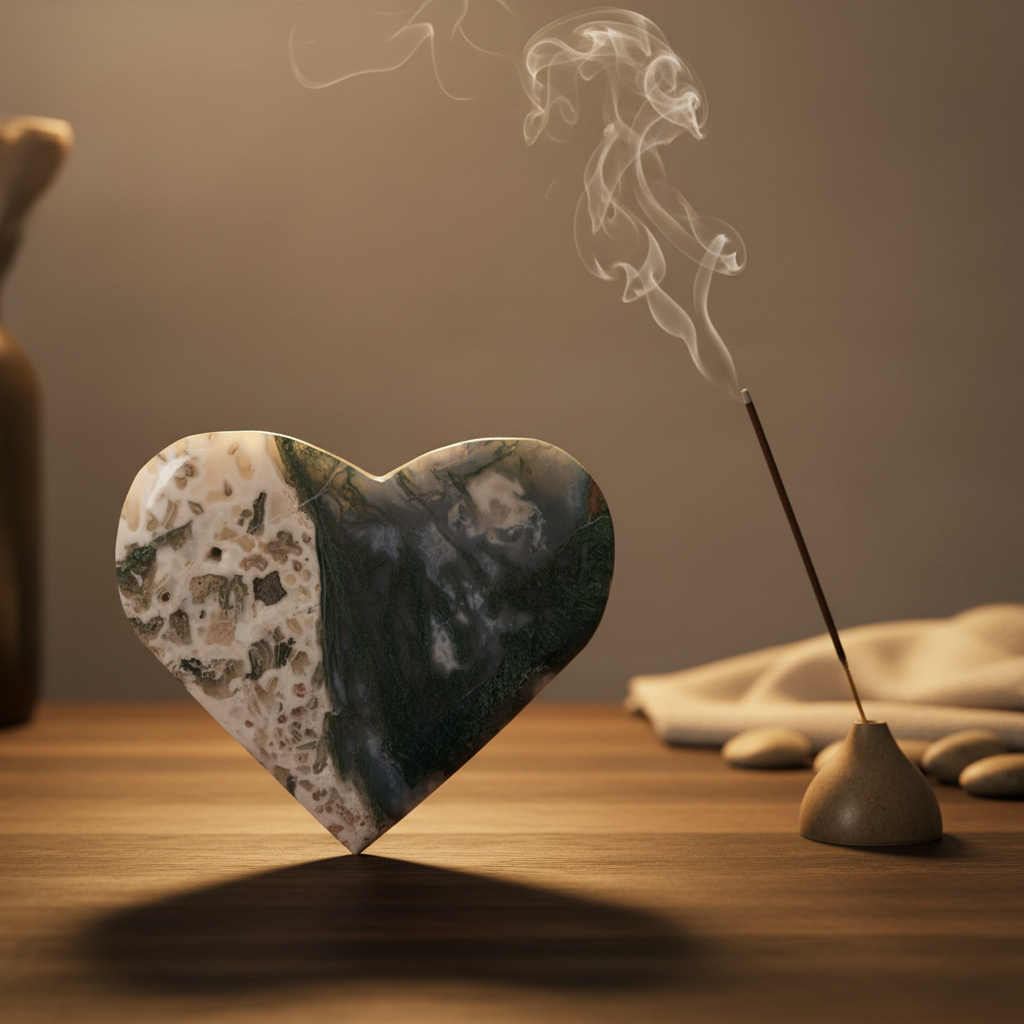 Cuore di agata muschiata lucidato accanto a incenso fumante