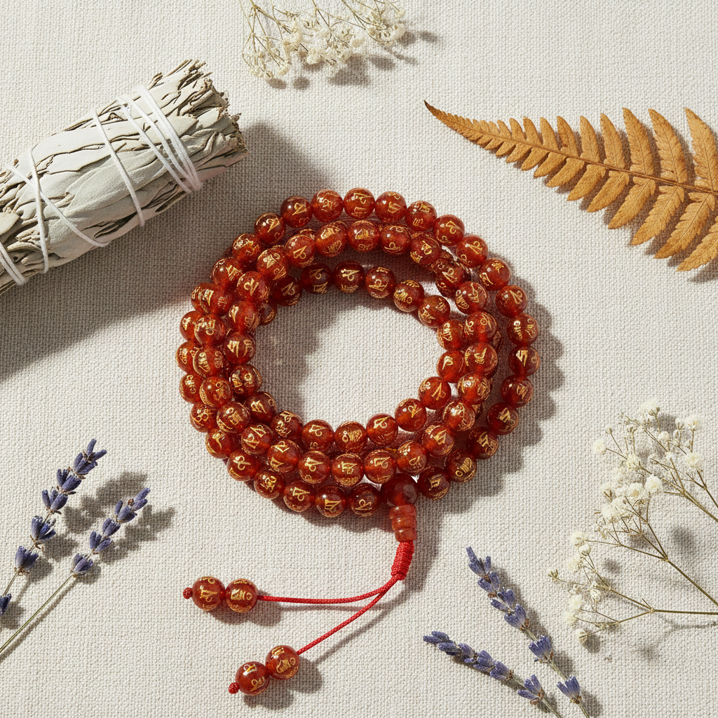 Mala tibetano agata rossa Om Mani - composizione fiori secchi e salvia