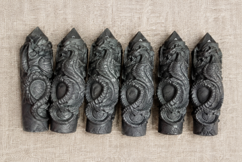 Obelischi di shungite con drago su lino beige