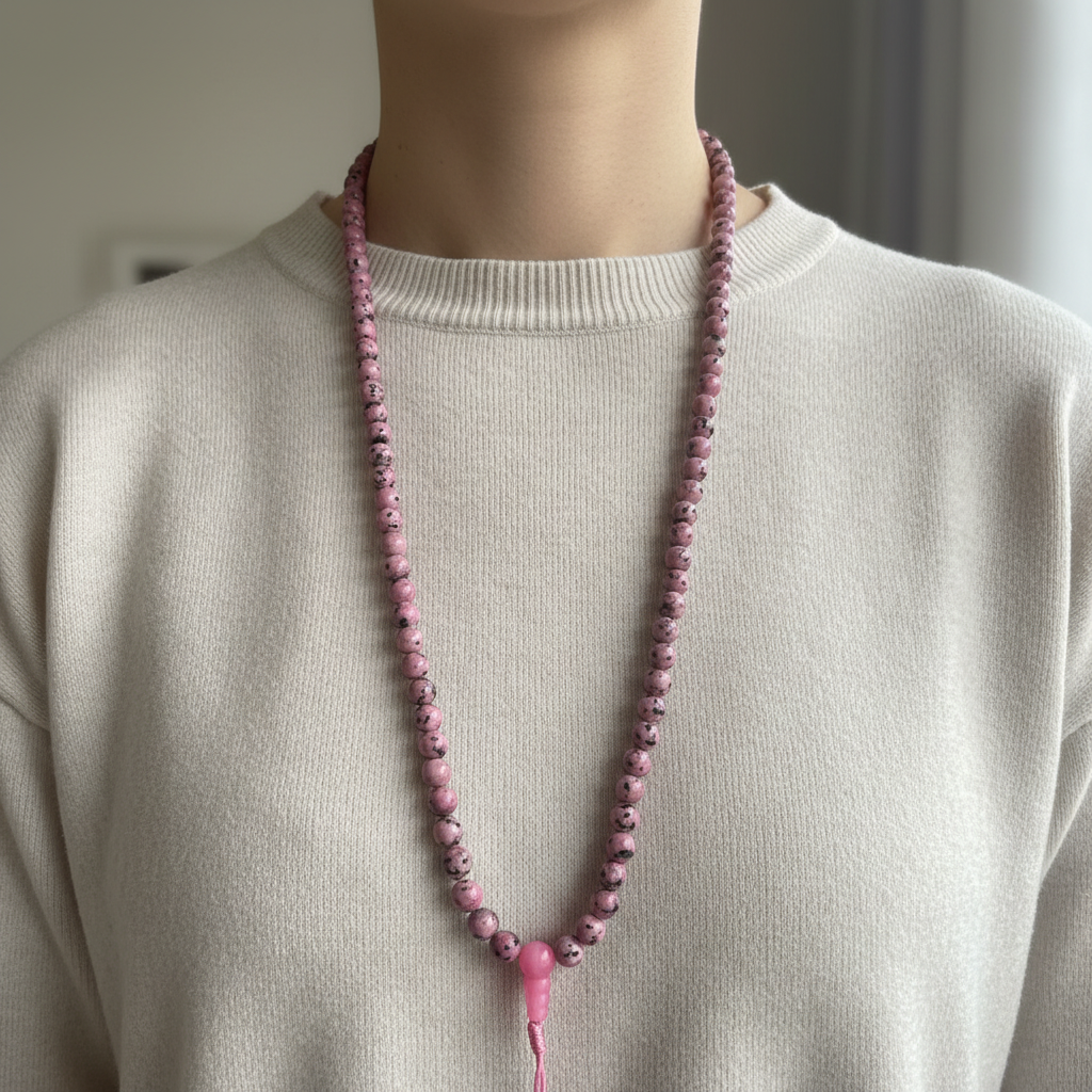 Japamala perle rosa screziata guru bead rosa - lifestyle indossato