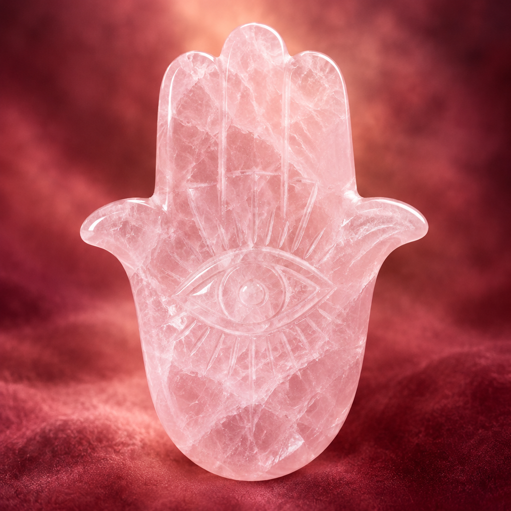Hamsa in quarzo rosa su sfondo mistico
