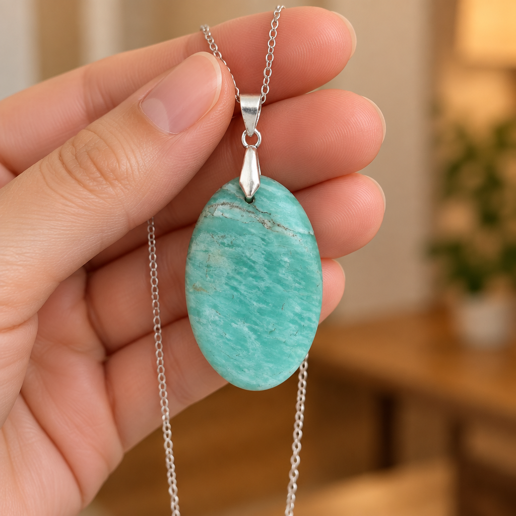 Collana con amazzonite tenuta tra le dita