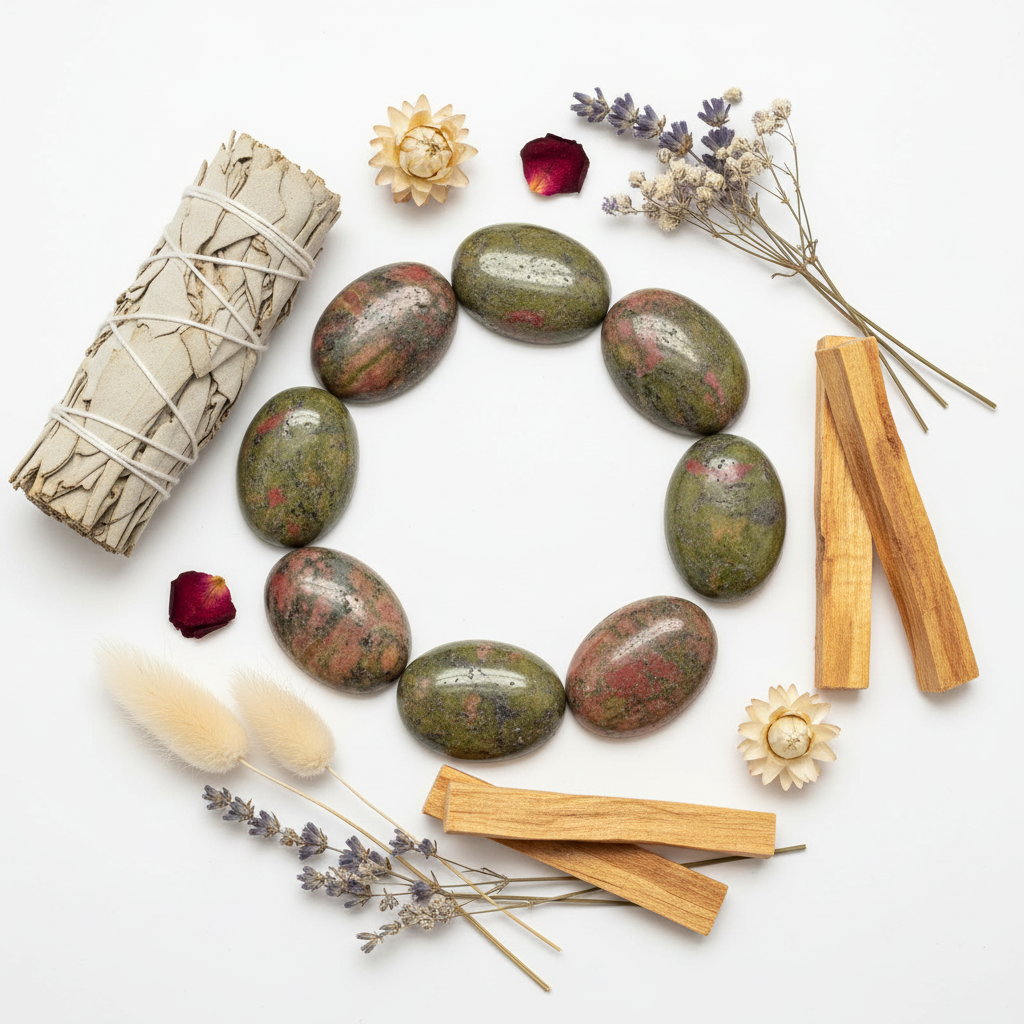 Cabochon unakite - composizione con fiori secchi e salvia