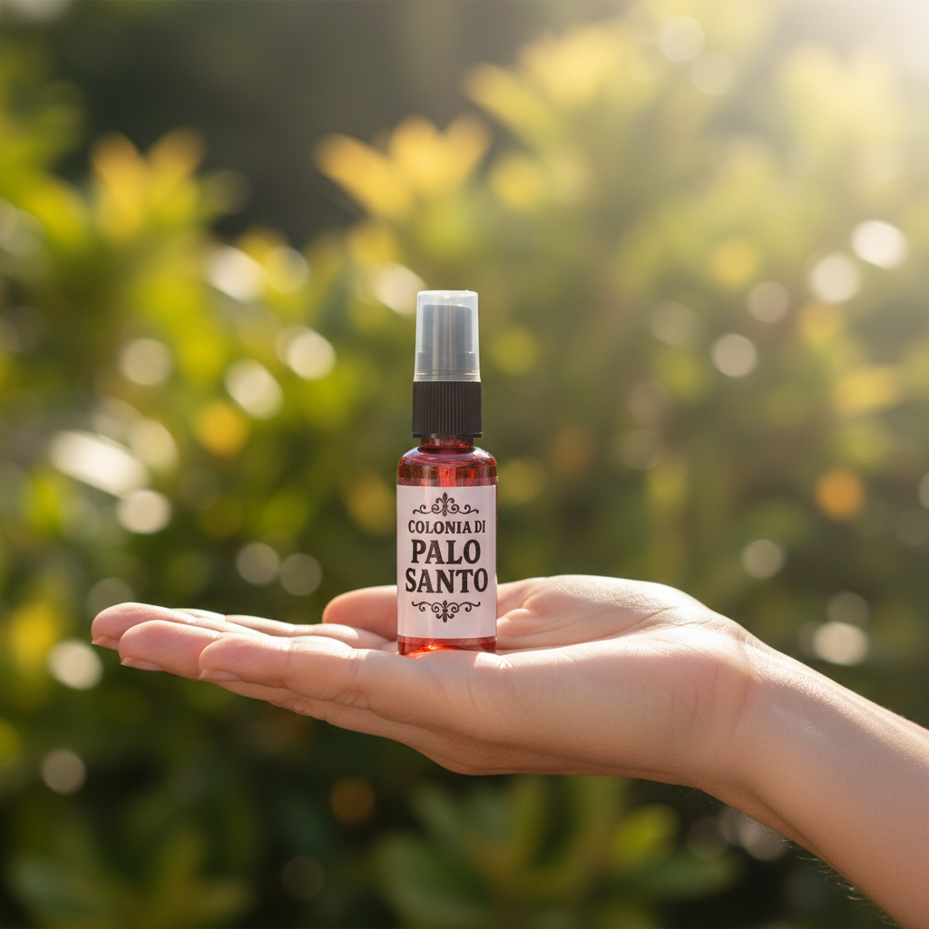 Bottiglia Colonia di Palo Santo in mano aperta, sfondo verde naturale