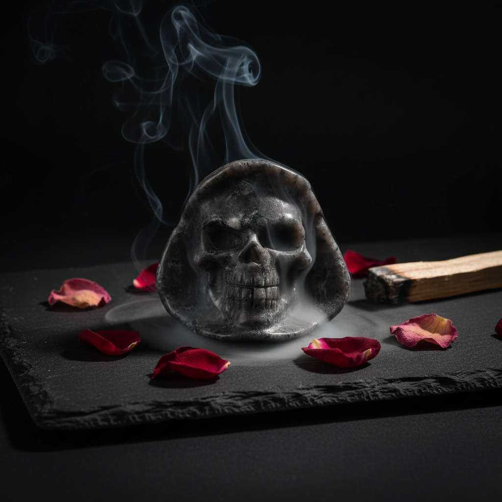 Teschio Santa Muerte Yooperlite - lifestyle palo santo