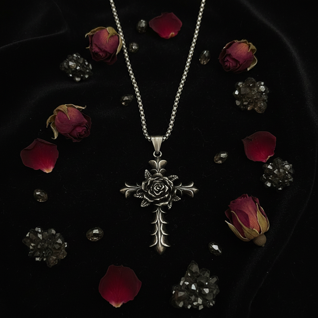 Collana Croce Gotica con Rosa - flatlay velluto nero con rose rosse