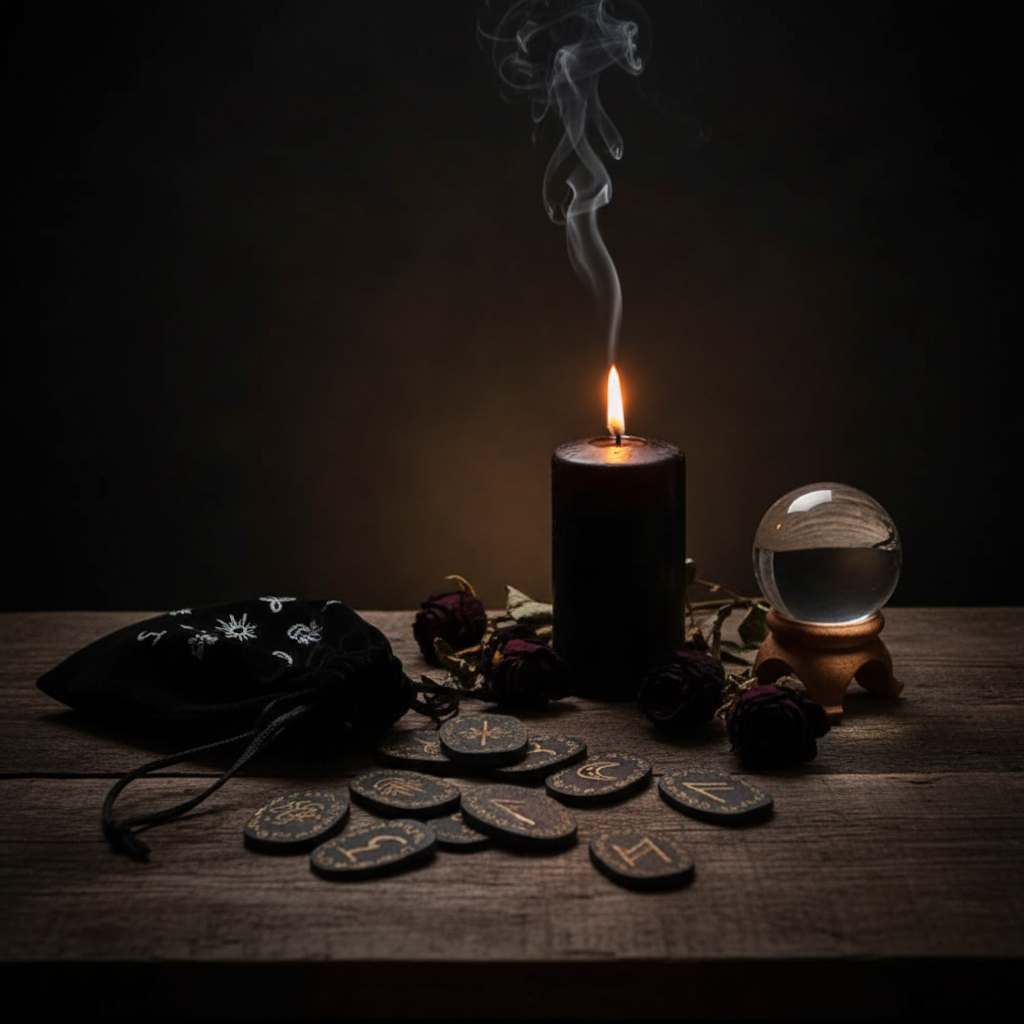 Witch Runes su altare con candela nera, rose nere e sfera di cristallo