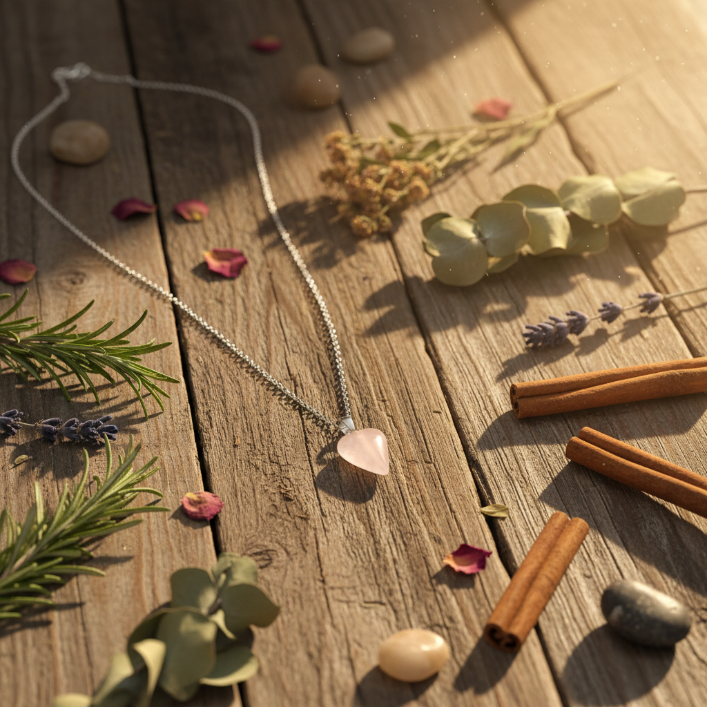 Collana Pendolo Quarzo Rosa - sfondo legno rustico
