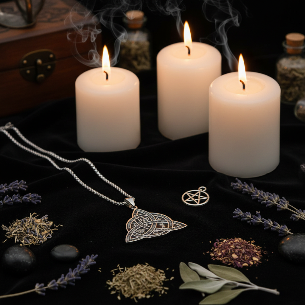Collana Triquetra - velluto nero con candele e erbe