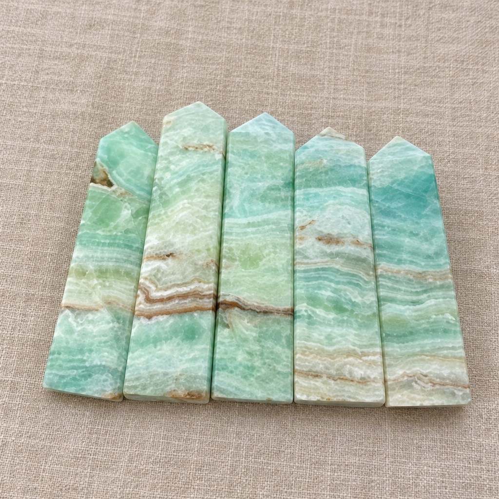 Obelischi in calcite caraibica su lino beige