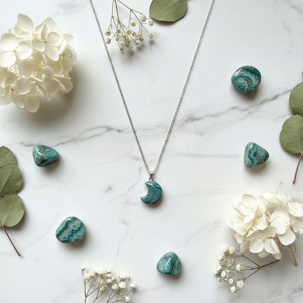 Collana Luna Diaspro Oceano flat lay marmo con fiori naturali