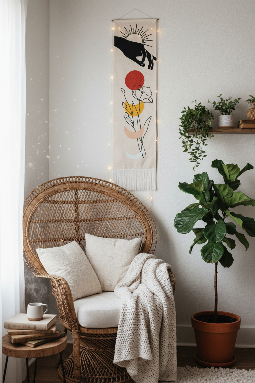 Arazzo fiore e mani - angolo lettura boho rattan