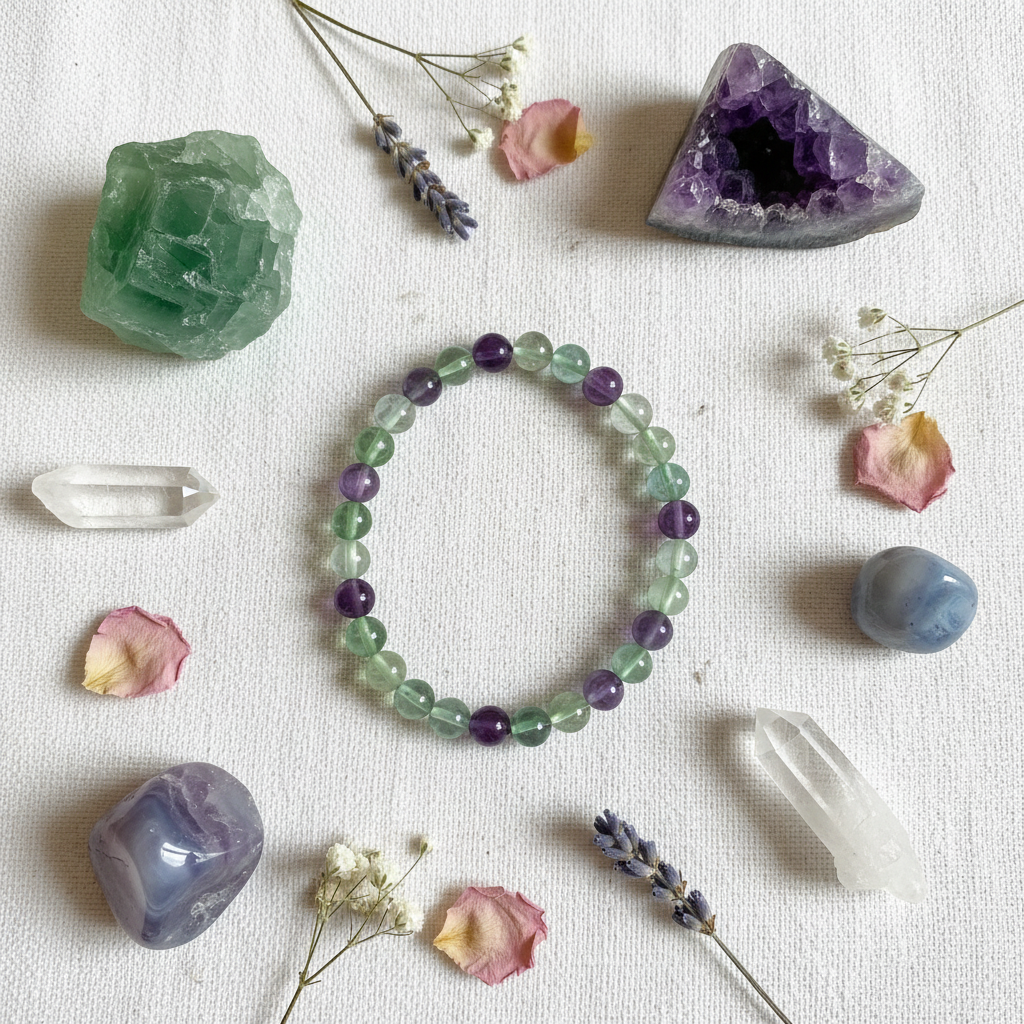 Bracciale Fluorite Arcobaleno - Flat lay editoriale
