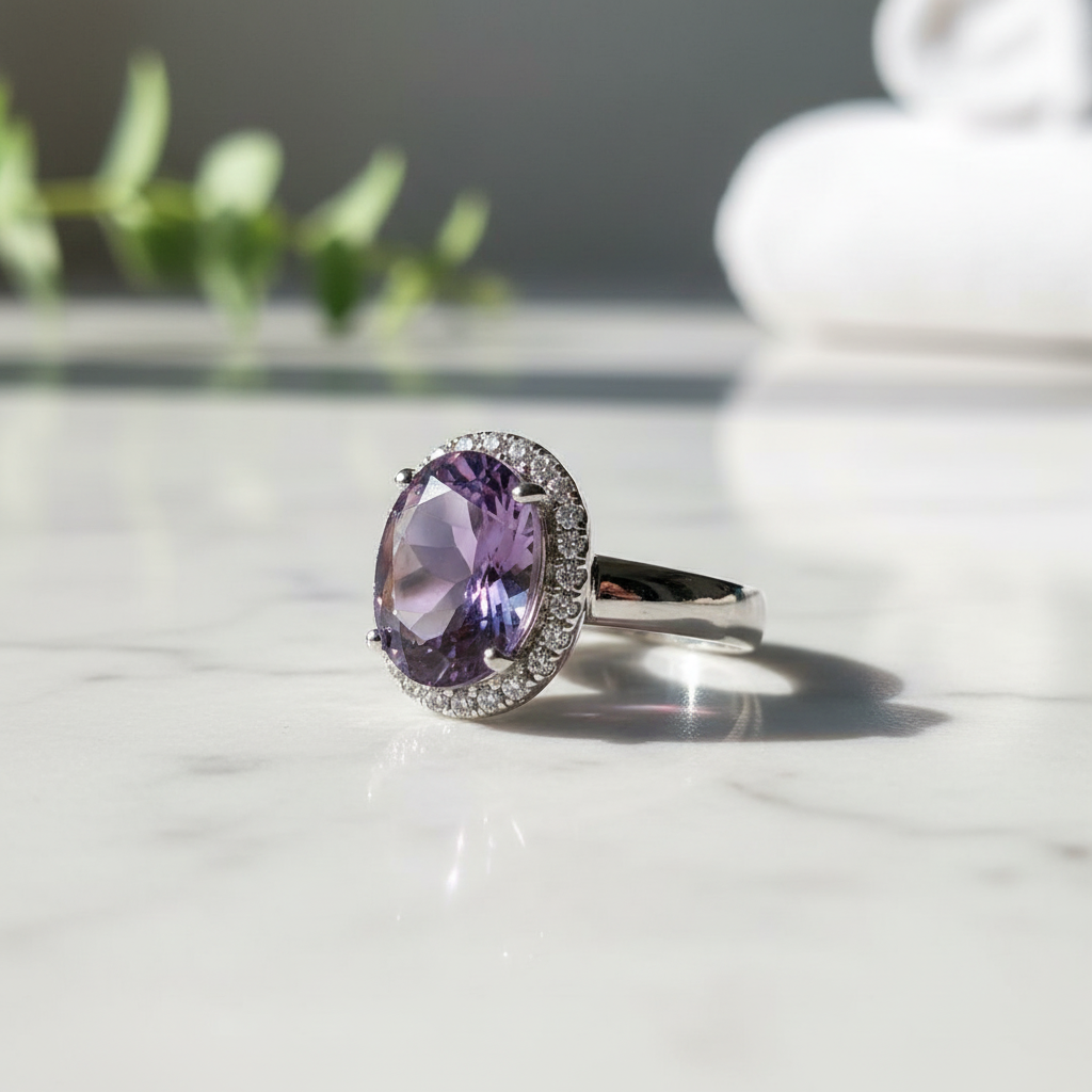 Anello ametista sfaccettata su marmo bianco