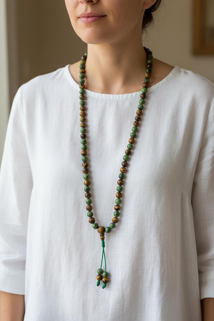 Mala zoisite occhio di tigre indossata come collana