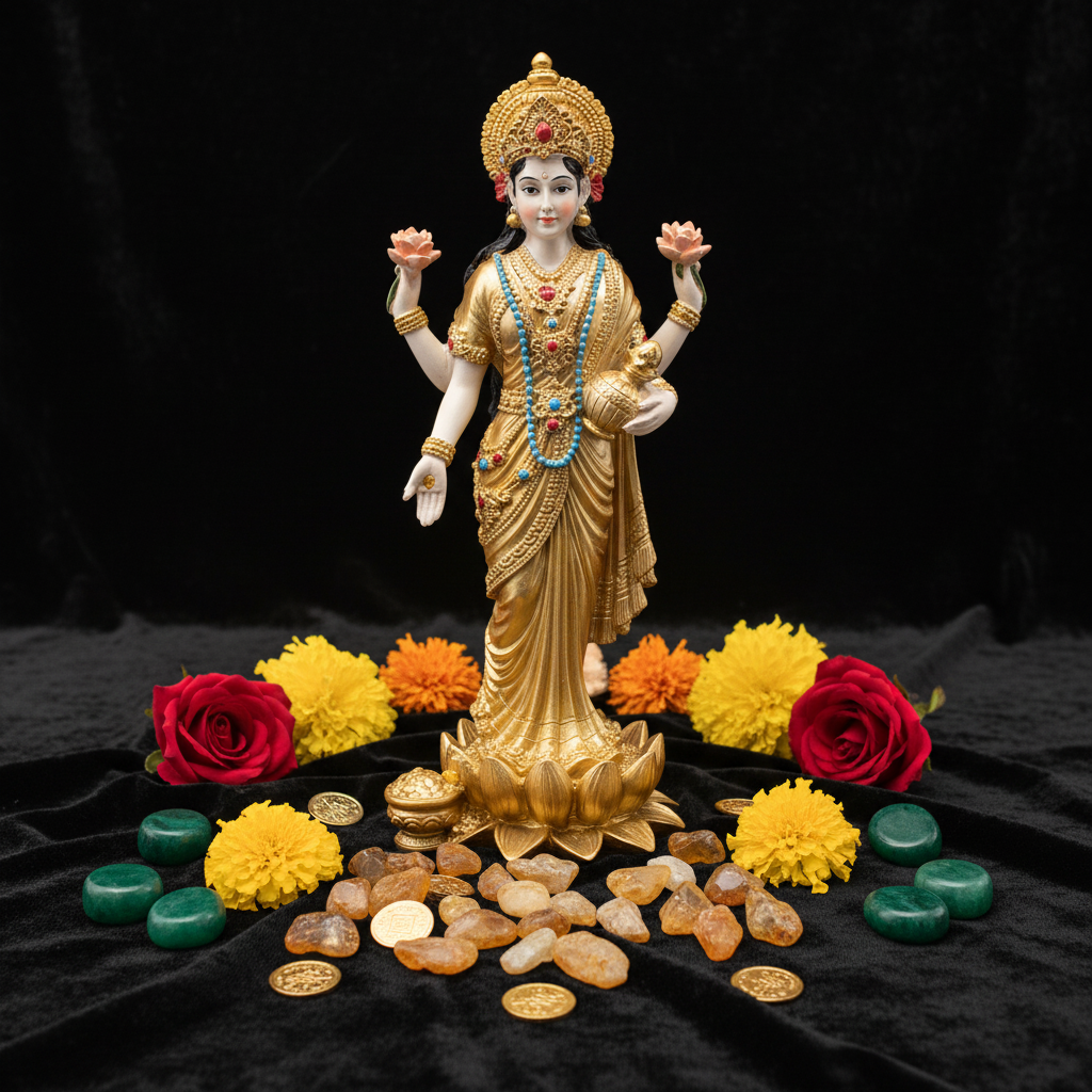 Statua Lakshmi stante composizione su velluto con cristalli