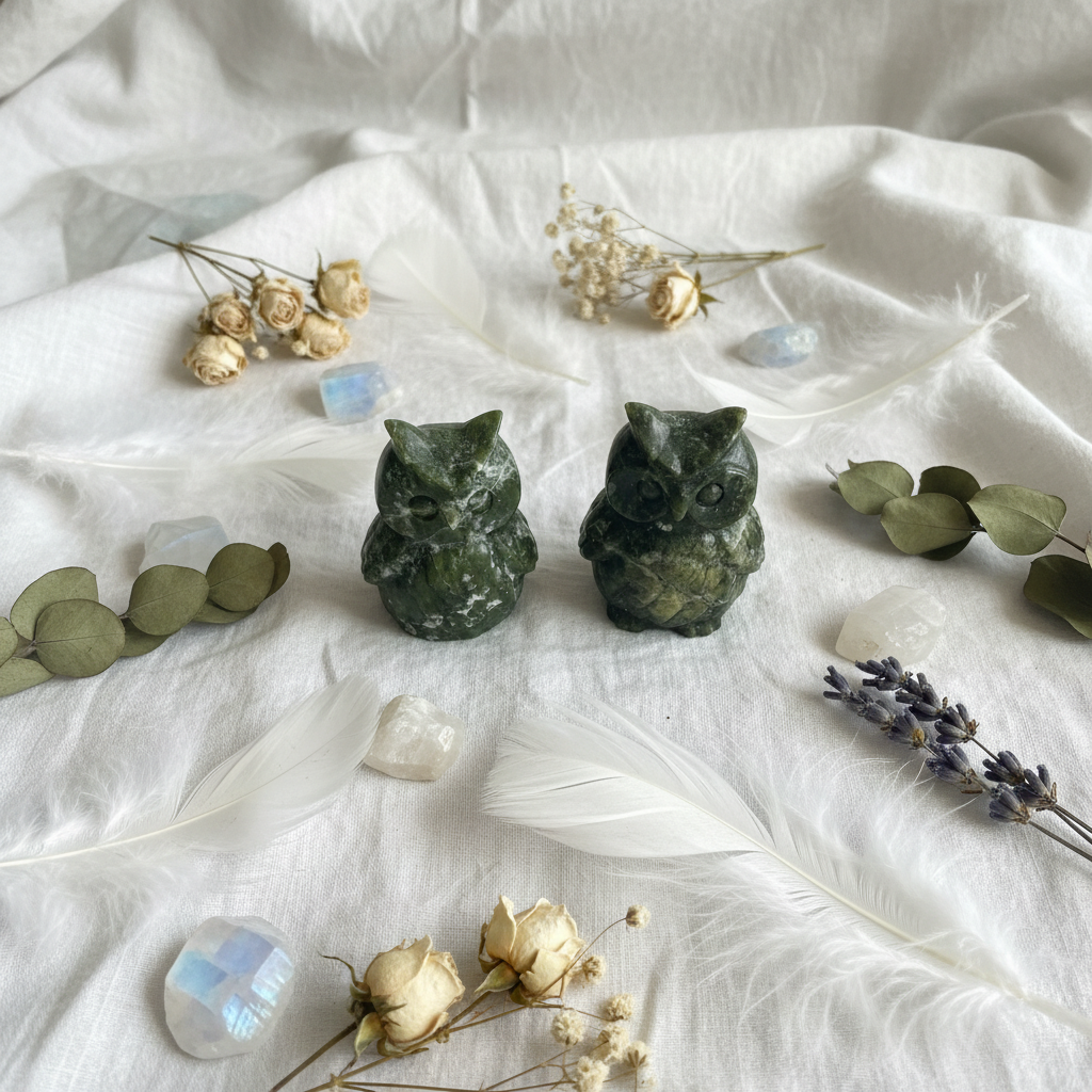 Gufo in Giada Verde - piume e moonstone su lino