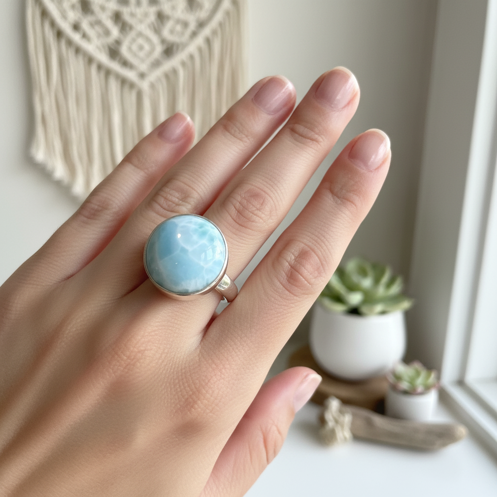 Anello Statement in Argento con Larimar Naturale Rotondo Grande - indossato